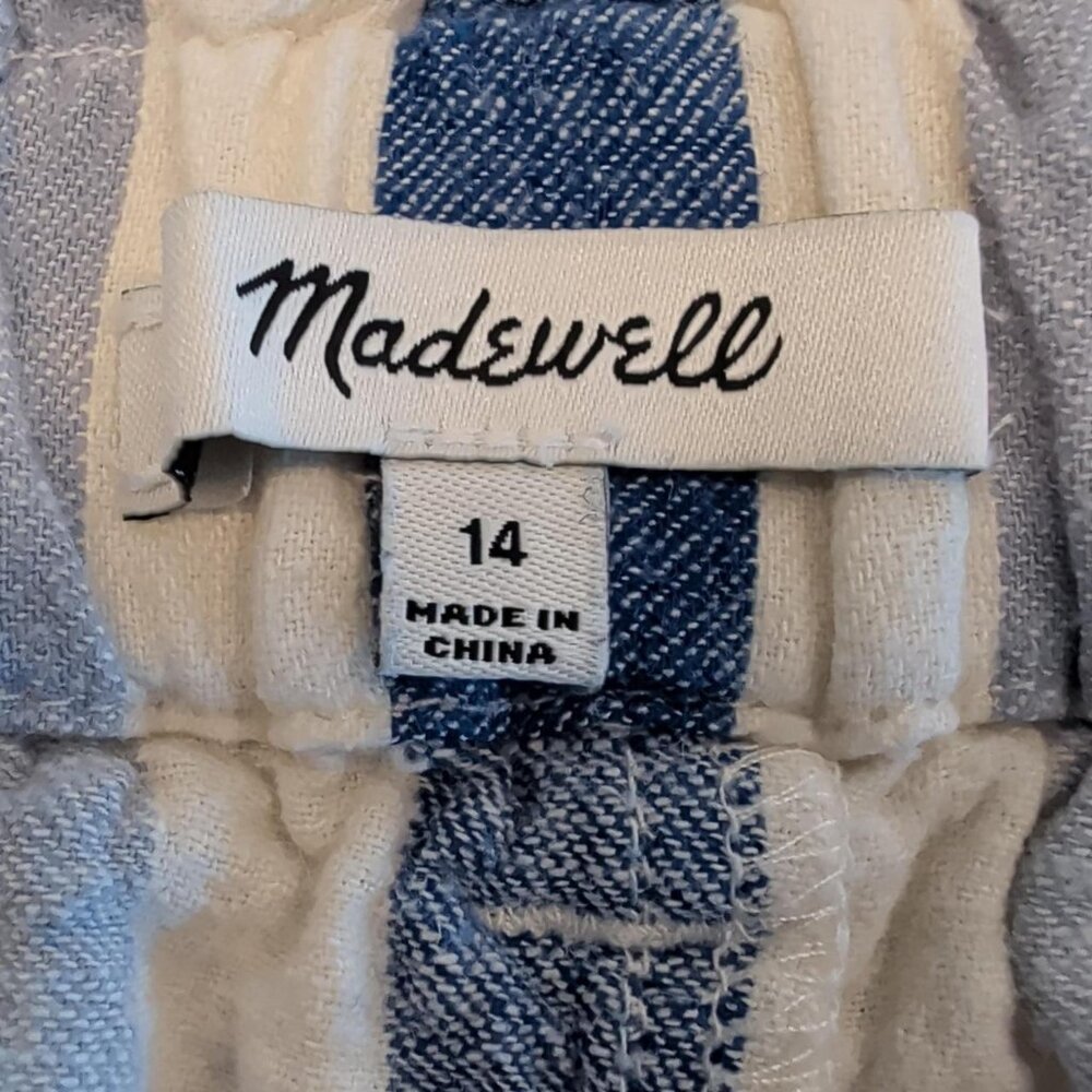 Madewell Linen Blend Sz 14 Blue Striped High Waist Paper Bag Loose Fit Shorts - Picture 7 of 11